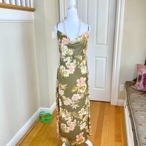 Free People Dress Floral Midi Maxi Satin Slip Tie Open Back Olive Pink Peach (10